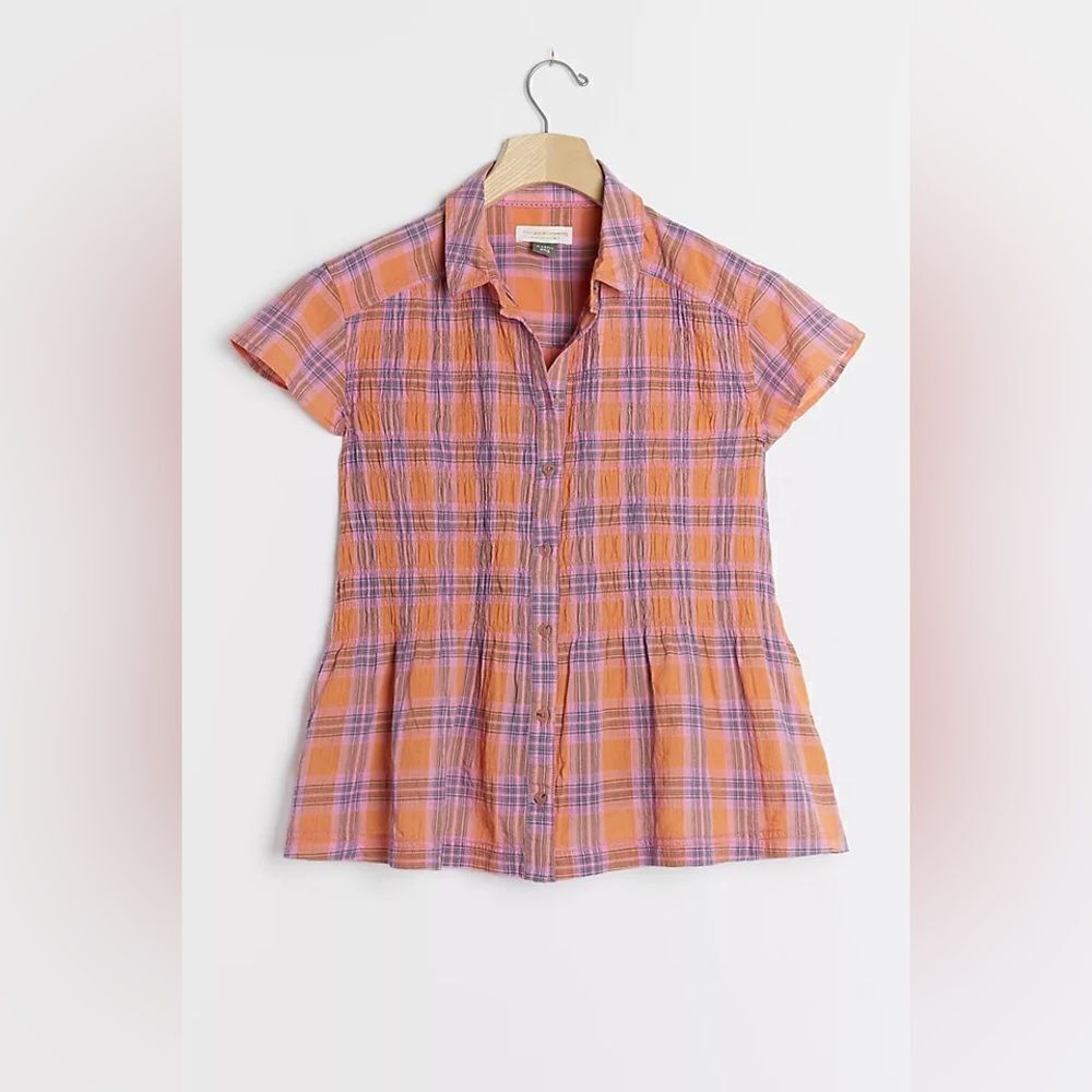 Anthropologie PILCRO Jenesa Smocked Buttondown Blouse Size XXSP (Oversized)